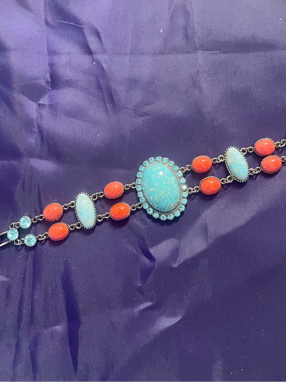 Faux Turquoise and Coral Oval Statement Bracelet